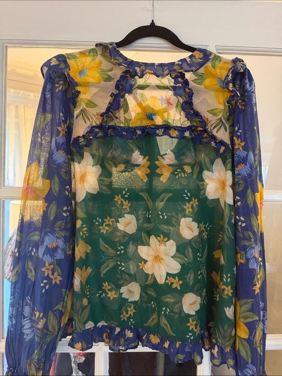 FARM Rio Tops - FARM RIO Sheer Ruffled Floral Blouse Long Sleeve High Neck